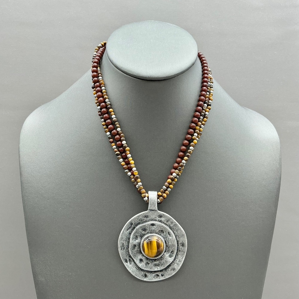 Premier Designs Necklace Brown Silver Tone Multi Strand Beaded Tiger Eye Pendant